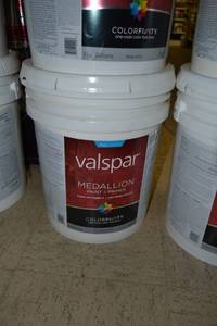 lot 1310 image: 5 Gallon Valspar Medallion Paint & Primer  Flat Exterior  45502 Tint Base, Must Be Tinted