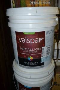 lot 1311 image: 5 Gallon Valspar Medallion Paint & Primer  Satin Exterior  4105 Clear Base, Must Be Tinted