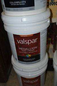 lot 1313 image: 5 Gallon Valspar Medallion Paint & Primer  Semi-Gloss Exterior  4305 Clear Base, Must Be Tinted