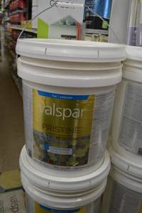 lot 1315 image: 5 Gallon Valspar Pristine Ultra-Bonding Paint & Primer  Flat Exterior  18205 Clear Base, Must Be Tinted