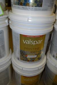 lot 1318 image: 5 Gallon Valspar Pristine Ultra-Bonding Paint & Primer  Semi-Gloss Exterior  18065 Clear Base, Must Be Tinted
