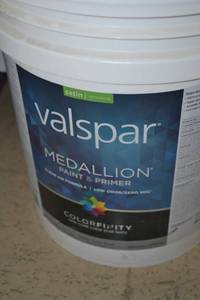lot 1324 image: 5 Gallon Valspar Medallion Paint & Primer  Satin Interior  3405 Clear Base, Must Be Tinted