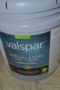 lot 1325 image: 5 Gallon Valspar Medallion Paint & Primer  Satin Interior  3408 Pastel Base, Must Be Tinted