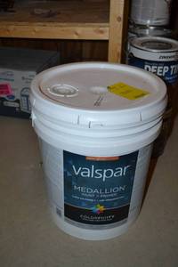 lot 1334 image: 5 Gallon Valspar Medallion Paint & Primer  Semi-Gloss Interior  2402 Tint Base, Must Be Tinted