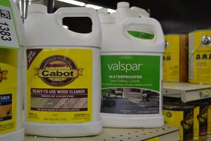 lot 1382 image: (1) Cabot Ready-To-Use Wood Cleaner, (3) 1 Gallon Valspar Waterproofer, Natural Look