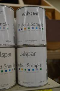 lot 1448 image: (4) Valspar 14.5 fl oz Perfect Sample Can  3414 Magenta Base, Must Be Tinted