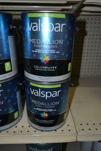 lot 1493 image: (2) 1 Gallon Valspar Medallion Paint & Primer, Interior  Satin, 3402 Tint Base, Must Be Tinted