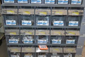 lot 2891 image: (2) Tip Out Storage Racks w Brass Pipe Fittings Inventory 34 to 12