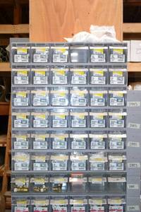 lot 2878 image: (6) Tip Out Storage Racks w 14 to 1 Plastic Hose Barb and Pipe Hardware Inventory