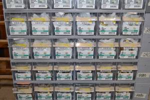 lot 2874 image: (3) Tip Out Storage Racks w 316 to 58 Brass Compression Fitting Hardware Inventory