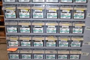 lot 2875 image: (3) Tip Out Storage Racks w 14 to 58 Brass Compression Fitting Hardware Inventory