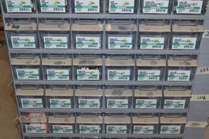 lot 2876 image: (3) Tip Out Storage Racks w 14 to 78 Brass Compression Fitting Hardware Inventory