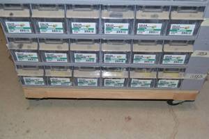 lot 2877 image: (2) Tip Out Storage Racks w 18 to 58 Brass Compression Fitting Hardware Inventory