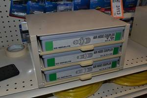 lot 3133 image: Parts Cabinet w Air Hose Coupler Inventory