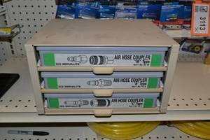 lot 3134 image: Parts Cabinet w Air Hose Coupler Inventory