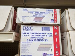 lot 2523 image: (2) Boxes B&C Offset Head Paper Tape 3-14 and 2-38 Stainless Steel Ring Shank Nails