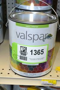 lot 1365 image: 1 Gallon Valspar Pristine  Satin Interior  18542 Tint Base, Must Be Tinted