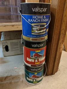 lot 3196 image: (3) Gallons Valspar Barn and Fence Paint - White, Red and Ranch Red
