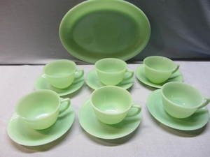 lot 10 image: Jadeite Cups, Saucers, Platter