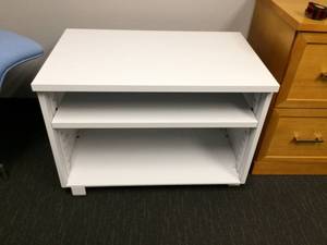 lot 12 image: MSRP $700 HIGH QUALITY STEELCASE UNIVERSAL WHITE&nbspOPEN FRONT STEEL STORAGE CABINET WITH ADJUSTABLE FEET - LIKE NEW CONDITION