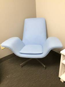 lot 27 image: WOWOW MSRP $4000 HBF DIALOGUE WINGED MID CENTURY MODERN MCM INSPIRED LOUNGE CHAIR WTASK SURFACE ON ARM & SELF RETURN BASE IN SATIN PEWTER FINISH  SOFT POWDER BLUE - GREAT CONDITION -MINOR WEAR 