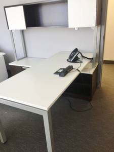 lot 23 image: MSRP $16,000&nbspHIGH QUALITY STEELCASE ANSWER COLLECTION &nbspMODERN & SLEEK MOCHA ESPRESSO FREESTANDING PRIVATE OFFICE L SHAPE LEFT RETURN WORKSTATION WITH OVERHEAD CABINET STORAGE - LIKE NEW CONDITION