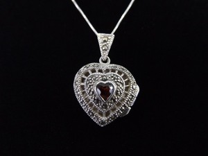 lot 6 image: .925 Sterling Silver Art Nouveau Garnet Heart Locket Pendant Necklace