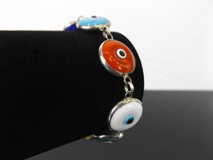 lot 34 image: .925 Sterling Silver Multi Colored Lampwork Glass Evil Eye Bracelet