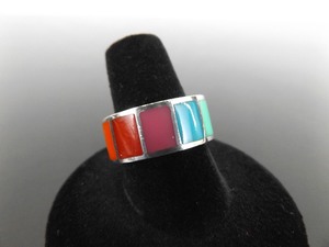 lot 58 image: .925 Sterling Silver Multi Colored Inlayed Enamel Rainbow Ring Size 8
