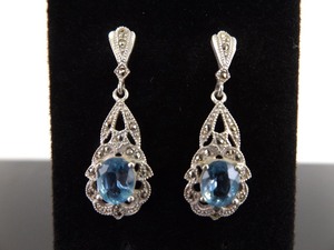 lot 78 image: .925 Sterling Silver Art Nouveau Oval Cut Topaz Dangle Post Earrings
