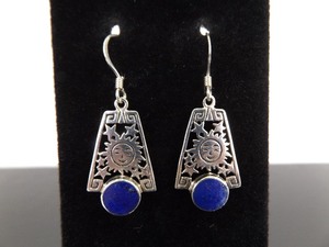 lot 80 image: .925 Sterling Silver Inlayed Lapis Sun Dangle Hook Earrings