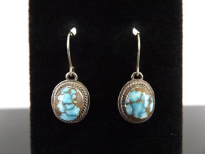 lot 81 image: .925 Sterling Silver Royston Turquoise Cabochon Dangle Hook Earrings