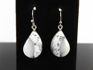 lot 91 image: .925 Sterling Silver Moss Agate Pear Cabochon Dangle Hook Earrings