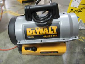 lot 230 image: Dewalt 27,000-68,000 BTU CordlessHybrid Forced Air Propane Portable Heater. DXH70CFAV. - Battery and Charger Not Included - Igniter does not spark when pressed.