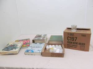 lot 148 image: candles, glass votives,gardening books