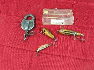 lot 83 image: VintageAntique Stamped Northern Pacific Railway Lock & Fishing Lures