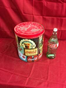 lot 175 image: Coke Tin Bucket & 32 Oz Coke Bottle
