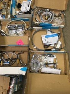 lot 18 image: Lot of 17 assorted Moen Faucets Models Adler and Banbury used or missing parts units for parts or repair