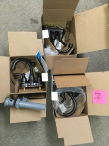 lot 19 image: Lot of 3 Banbury 4 in. Centerset 2-Handle High-Arc Bathroom Faucet in Mediterranean Bronze open boxes missing pieces