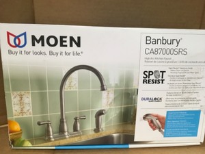 lot 113 image: Moen Banbury High-Arc 2-Handle Standard Kitchen Faucet with Side Sprayer in Spot Resist Stainless