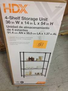 lot 51 image: HDX 54 in. H x 36 in. W x 14 in. D 4-Tier Wire Shelving Unit in Black in good condition