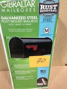 lot 70 image: Gibraltar Mailboxes Elite Medium Black Galvanized Steel Post-Mount Mailbox in good condition
