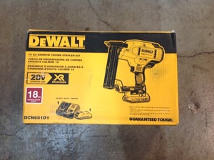 lot 113 image: DEWALT 20-Volt MAX XR Lithium-Ion Cordless 18-Gauge Narrow Crown Stapler Kit with Battery 2Ah, Charger