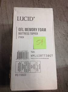 lot 54 image: 2 in. Twin Gel Memory Foam Mattress Topper by LUCID not used