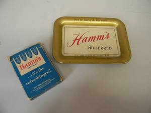 lot 37 image: VINTAGE HAMMS BEER PREFERRED ADVERTISING TIP TRAY WITH VINTAGE HAMMS BEER PLASTIC COATED POKER SIZE PLAYING CARDS, COMPLETE SET - FROM THE LAND OF SKY BLUE WATERS -  SEE PICTURES