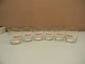 lot 53 image: SET OF 6 VINTAGE HAMMS BEER GOLD RIM GLASSES - FROM THE LAND OF SKY BLUE WATERS - NICE - 60s-70s - SEE PICTURES
