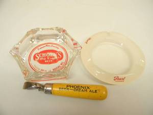 lot 70 image: VINTAGE SHOENS OLD LAGER BEER ASHTRAY - PEARL LAGER BEER ASHTRAY - PHOENIX BEER-CREAM ALE WOOD HANDLED OPENER - VERY COOL PIECES - SEE PICTURES