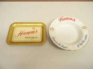 lot 85 image: VINTAGE HAMMS BEER PREFERRED TIP TRAY & VINTAGE HAMMS BEER BORN IN THE LAND OF SKY BLUE WATERS ASHTRAY - NICE - SEE PICTURES