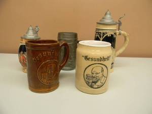 lot 104 image: VINTAGE Stoneware Compliments Gesundheit Beer Free Premium Tankard Mug - GESUNDHEIT German Beer Mug - GEMUTLICHKEIT GERMAN BEER MUG - 2 GERMAN BEER STEINS - GREAT COLLECTION - SEE PICTURES