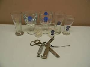 lot 106 image: VINTAGE PABST BLUE RIBBON BEER COLLECTION - BEER GLASSES & OPENERS - NICE COLLECTION - SEE PICTURES